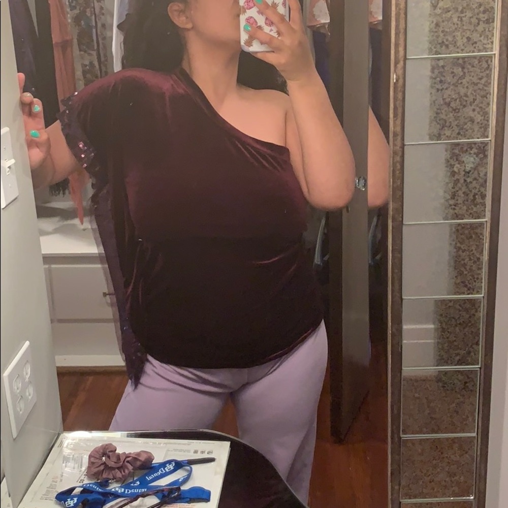Purple one armed elegant velvet blouse